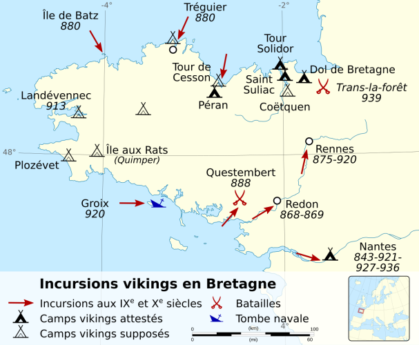 Carte des incursions vikings en Bretagne