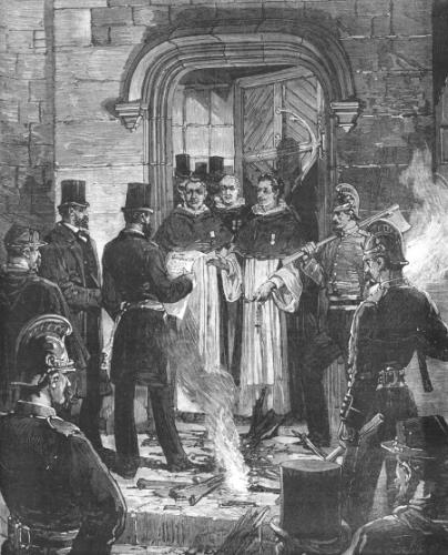 Dessin représentant la lecture des décrets de 1880 aux religieux