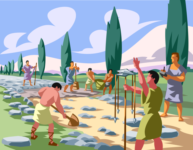 Illustration de la construction d'une route romaine